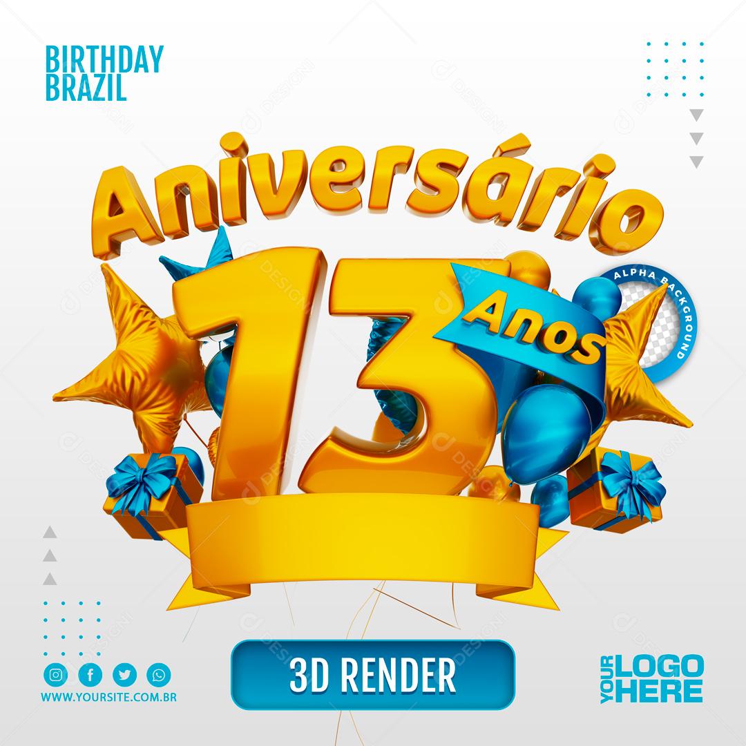 Aniversário 13 Anos Selo 3D Azul Claro para Composição PSD