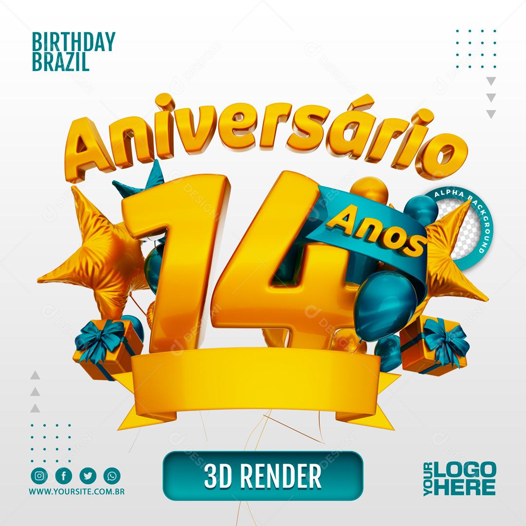 Aniversário 14 Anos Selo 3D Azul para Composição PSD