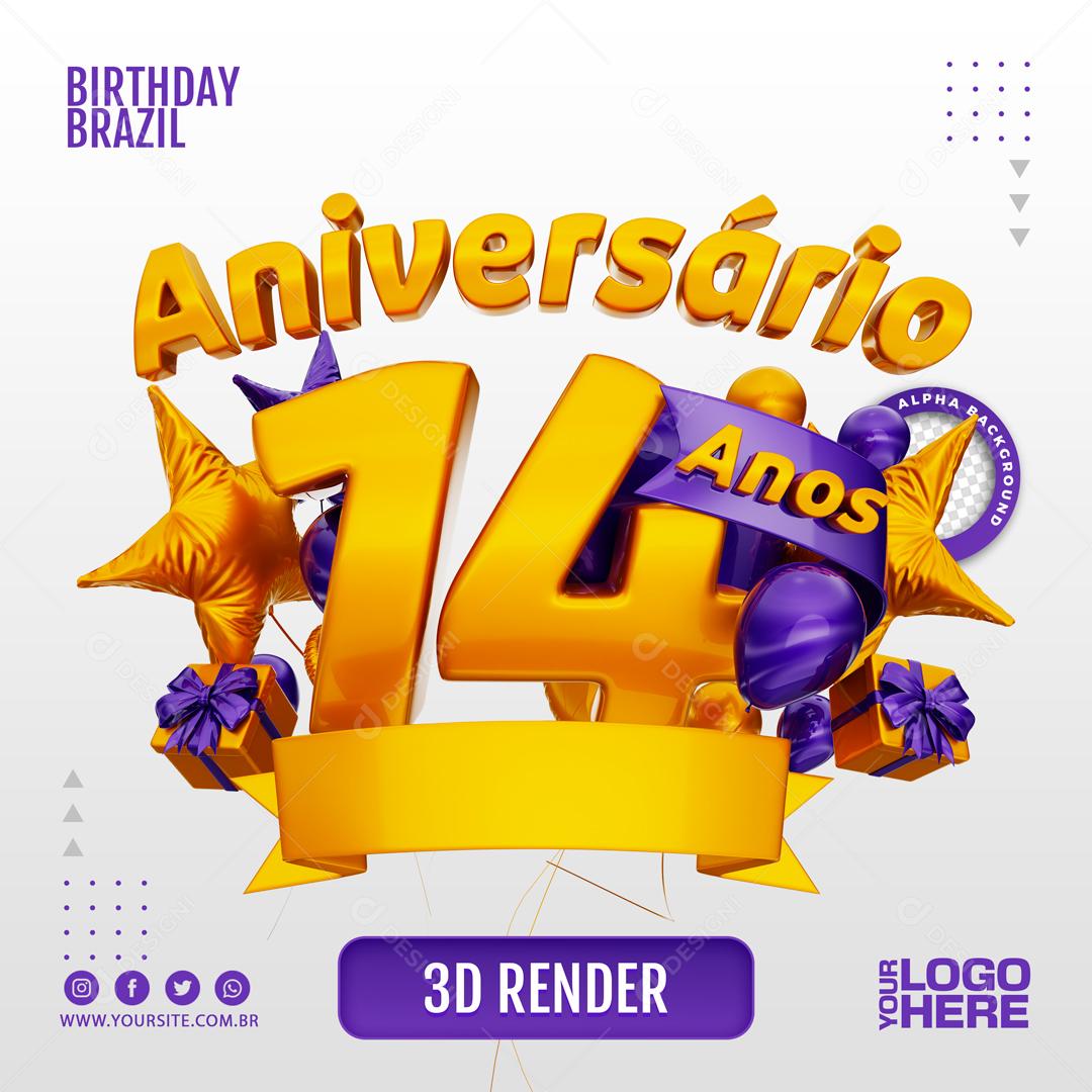 Aniversário 14 Anos Selo 3D Roxo para Composição PSD