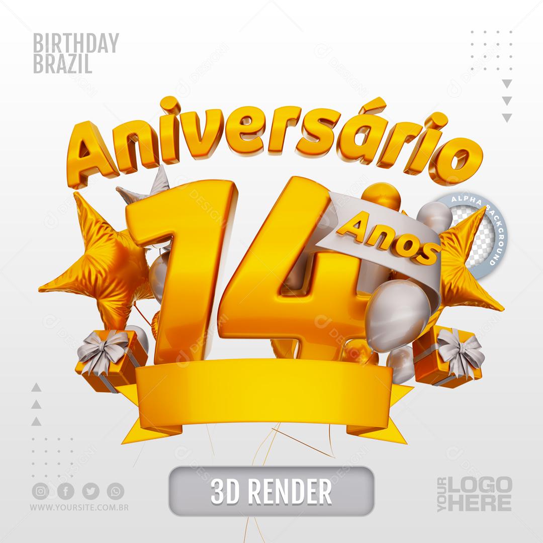 Aniversário 14 Anos Selo 3D Branco para Composição PSD