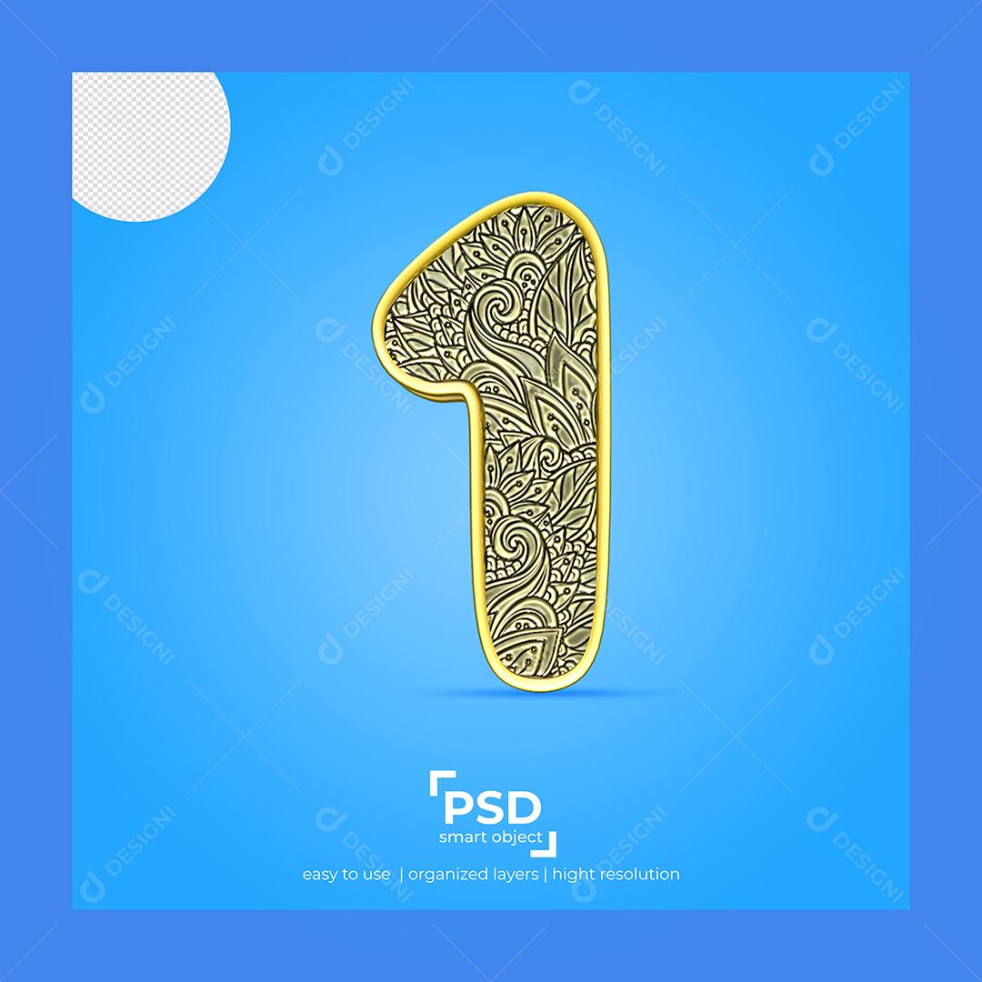 Número 3D 1 com Fonte de Arte Elemento Para composição PSD