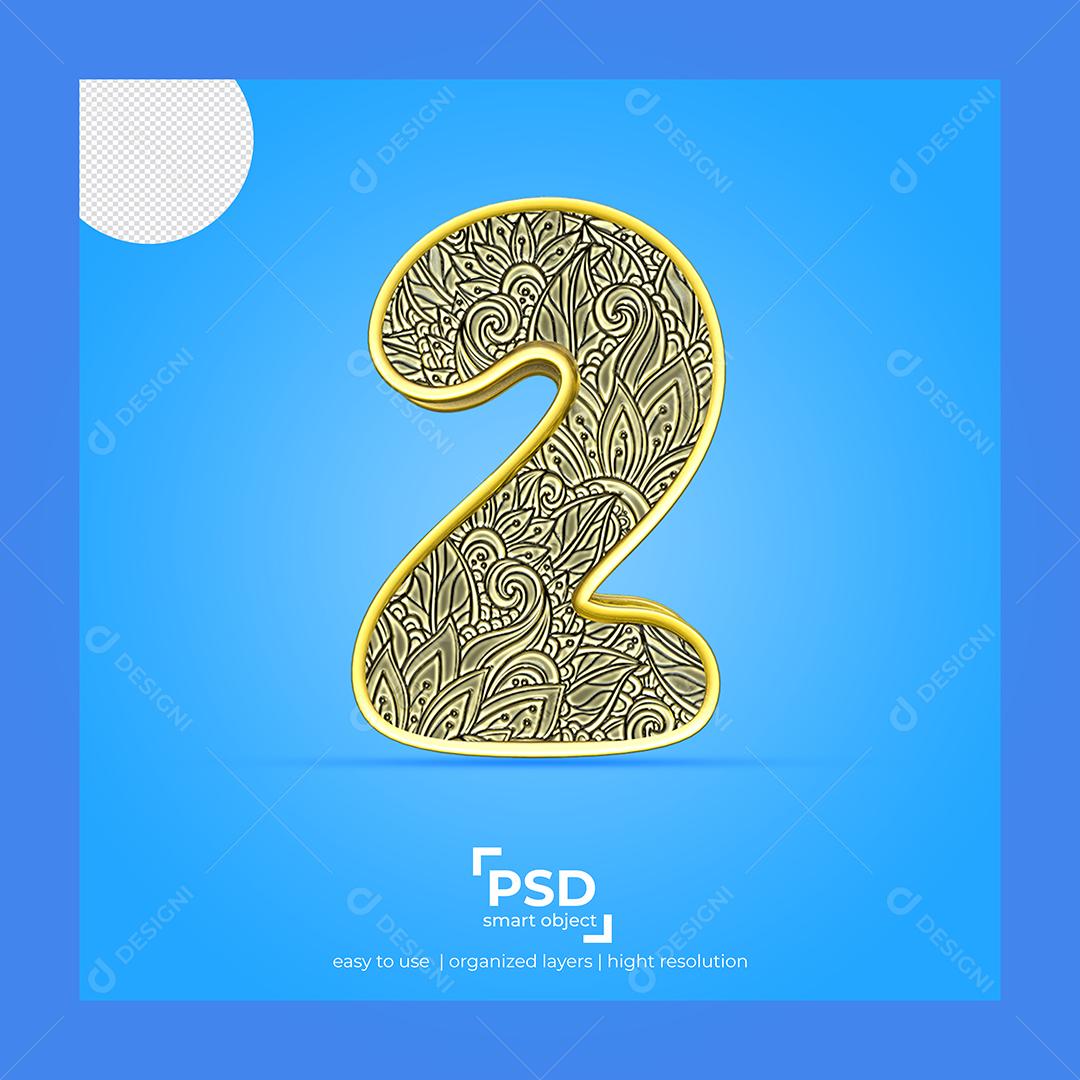 Número 3D 2 com Fonte de Arte Elemento Para composição PSD