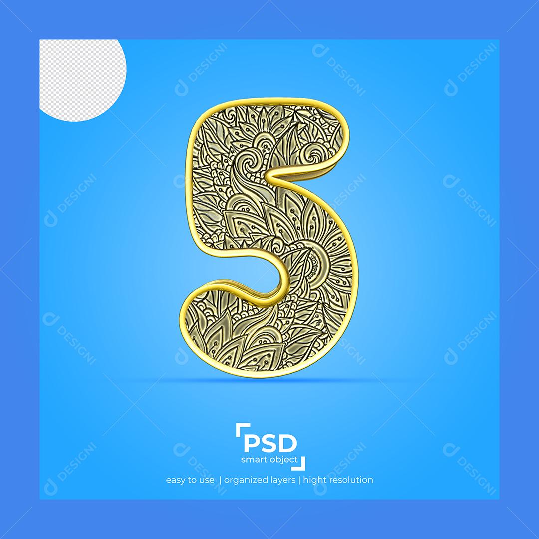 Número 3D 5 com Fonte de Arte Elemento Para composição PSD