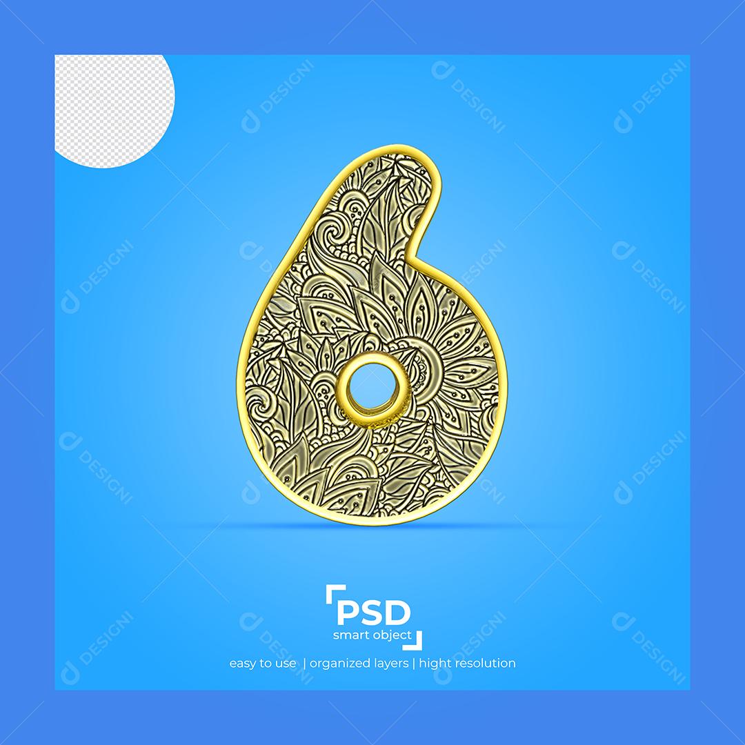 Número 3D 6 com Fonte de Arte Elemento Para composição PSD