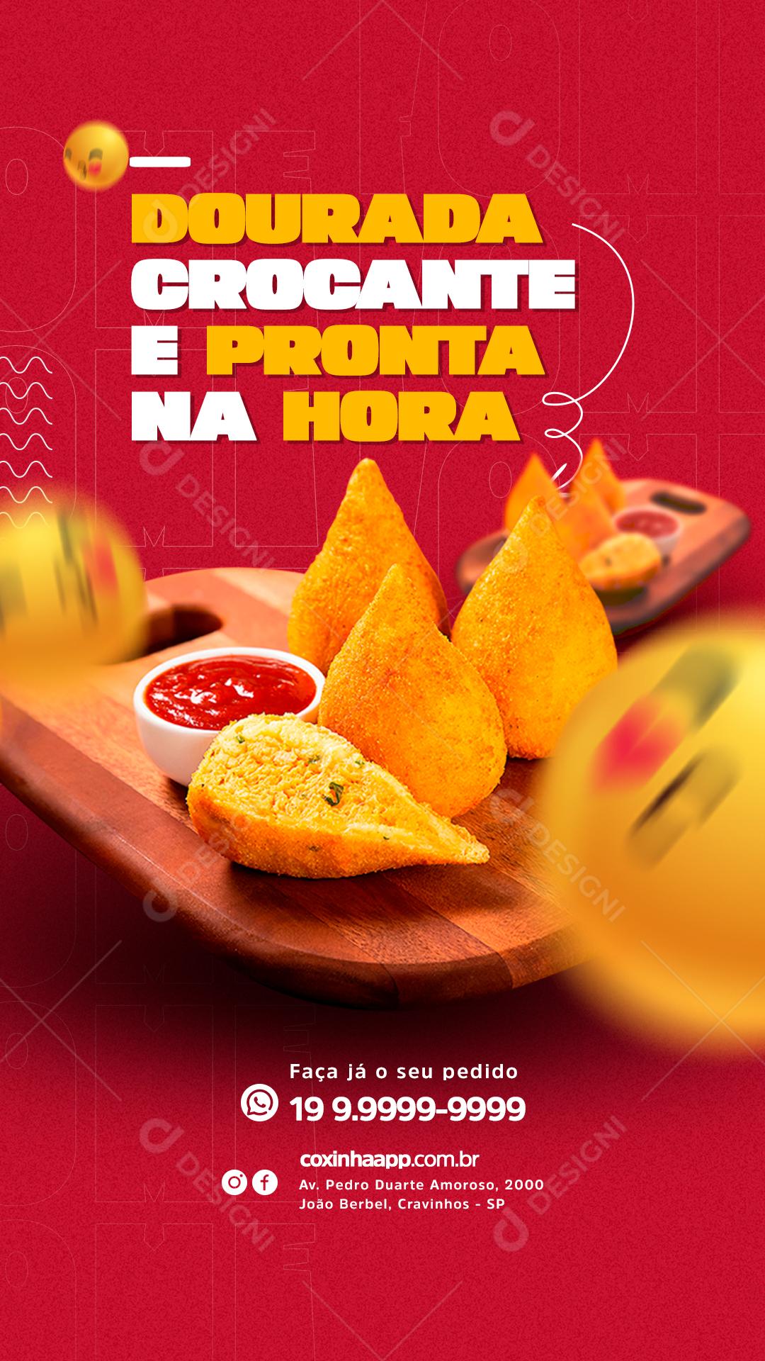 Story Dourada Crocante e Pronta na Hora Coxinha Salgados Social Media PSD Editável