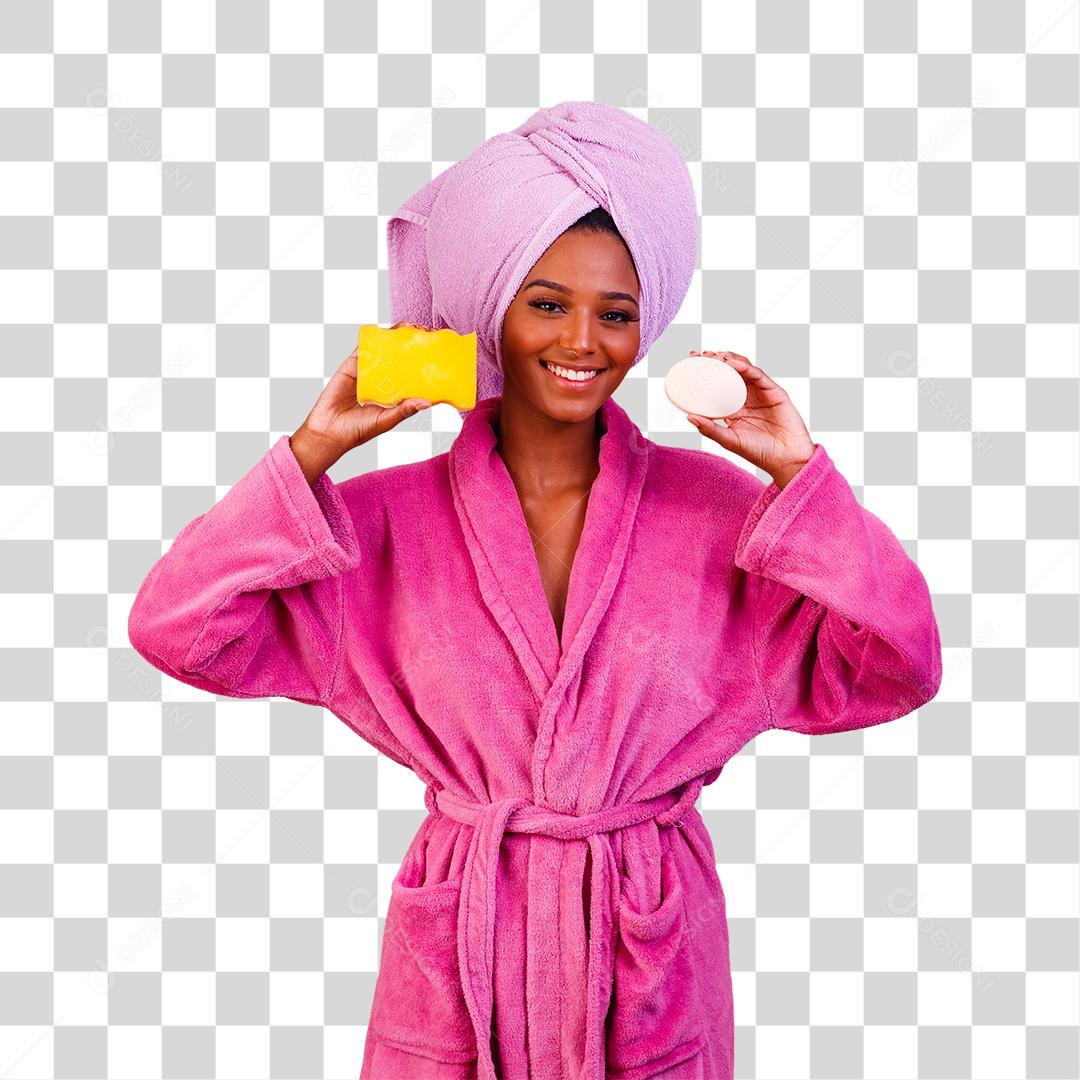 Linda Mulher com Toalha na Cabeça e Roupão de Banho segurando Esponja e Sabonete