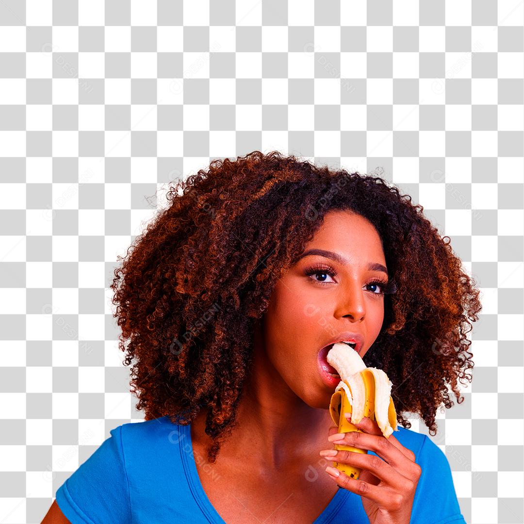 Linda Mulher Morena Comendo Banana PNG Transparente