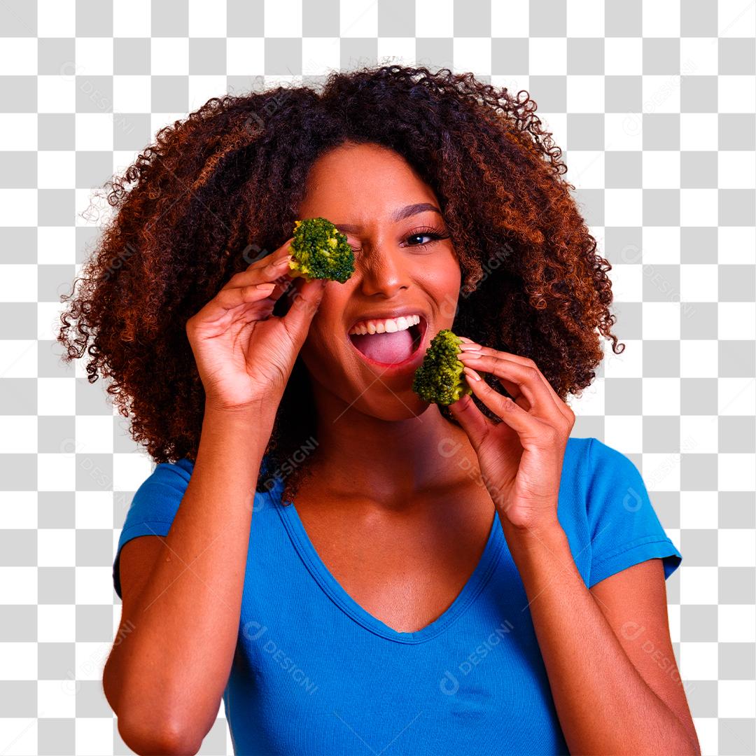 Mulher comendo brócolis conceito de alimentação saudável