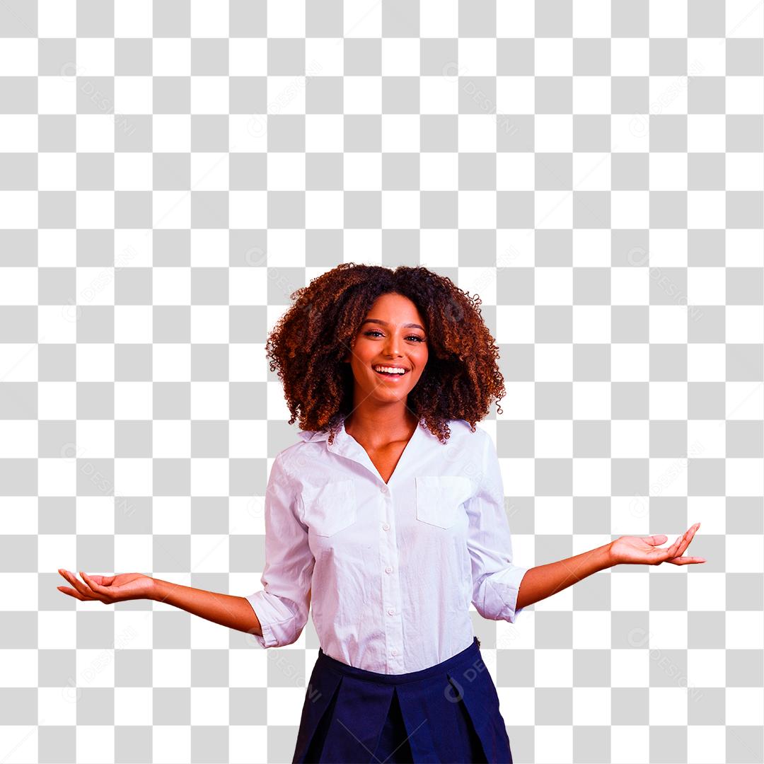 Mulher afro apontando para o lado