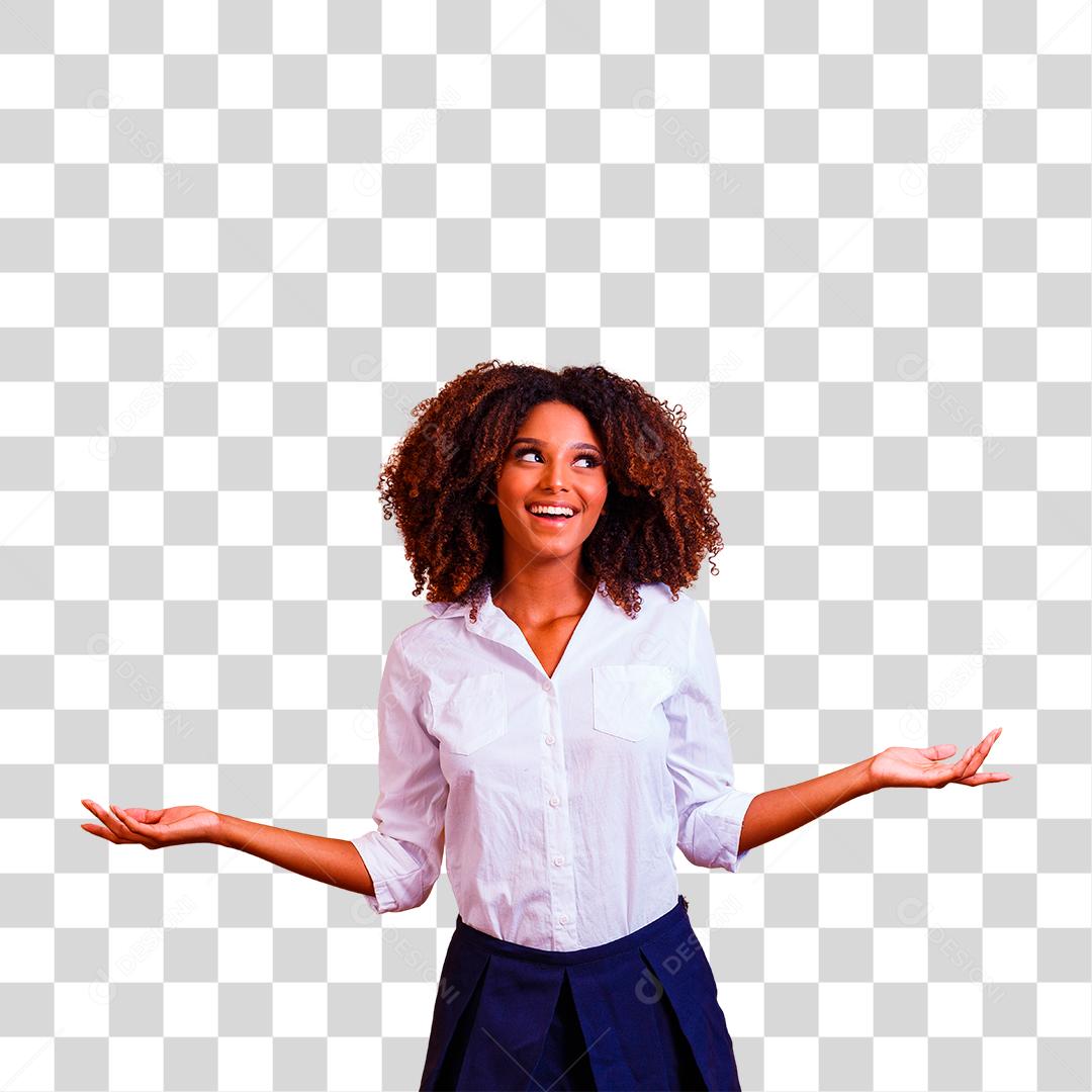 Mulher afro apontando para o lado e olhando para cima