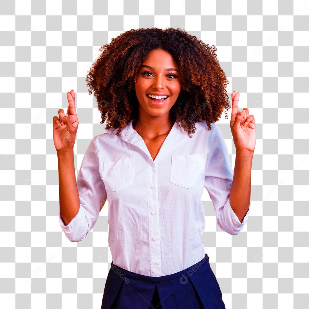 Linda jovem morena com os dedos cruzados, conceito de sorte