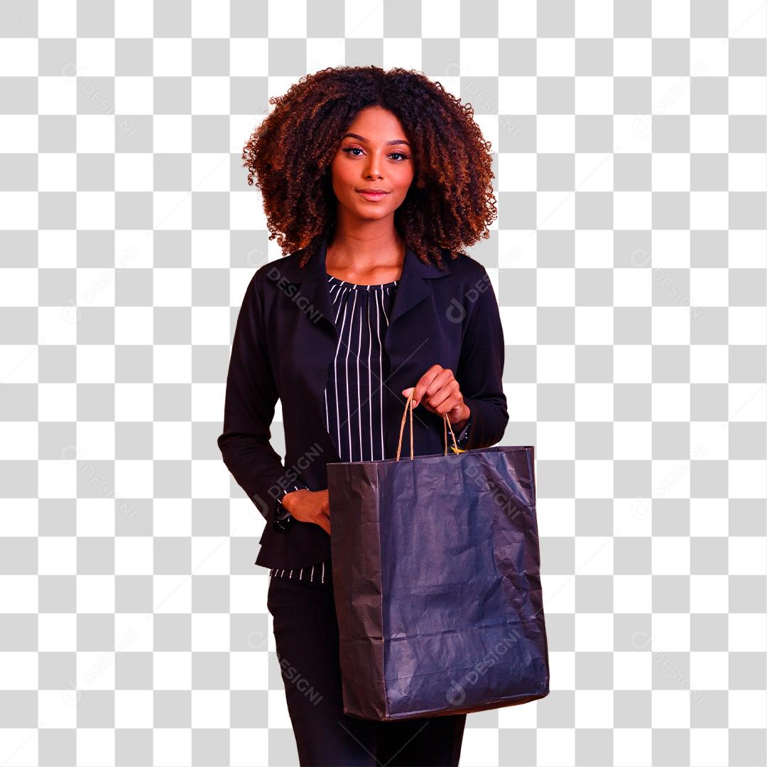 Mulher executiva afro com sacola de compras preta. Conceito de Blackfriday