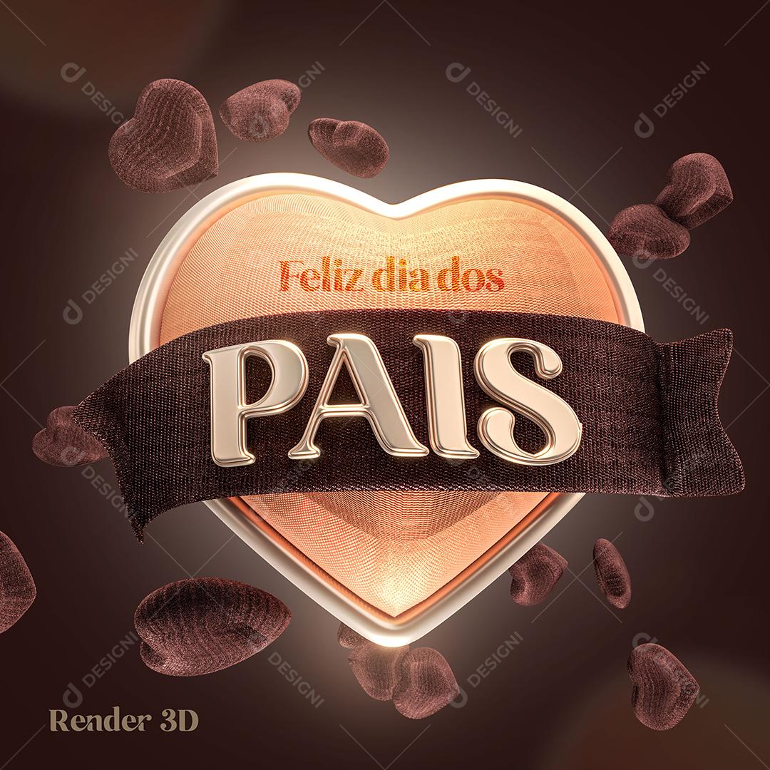 Coração com Fita Marrom Escrita 3D Pais Feliz Dia Dos Pais Selo 3D PSD
