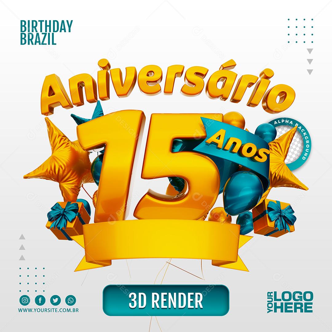 Aniversário 15 Anos Selo 3D Azul para Composição PSD