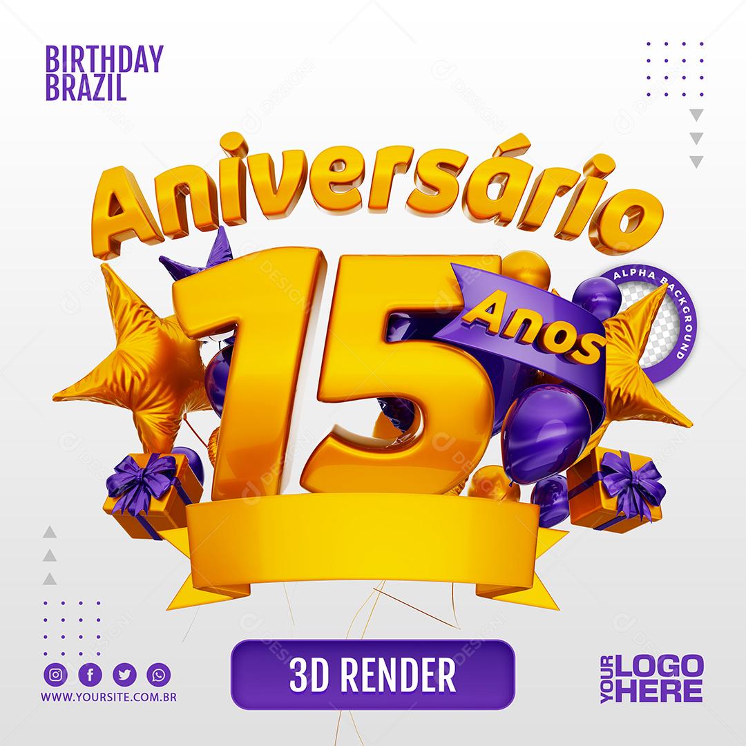 Aniversário 15 Anos Selo 3D Roxo para Composição PSD