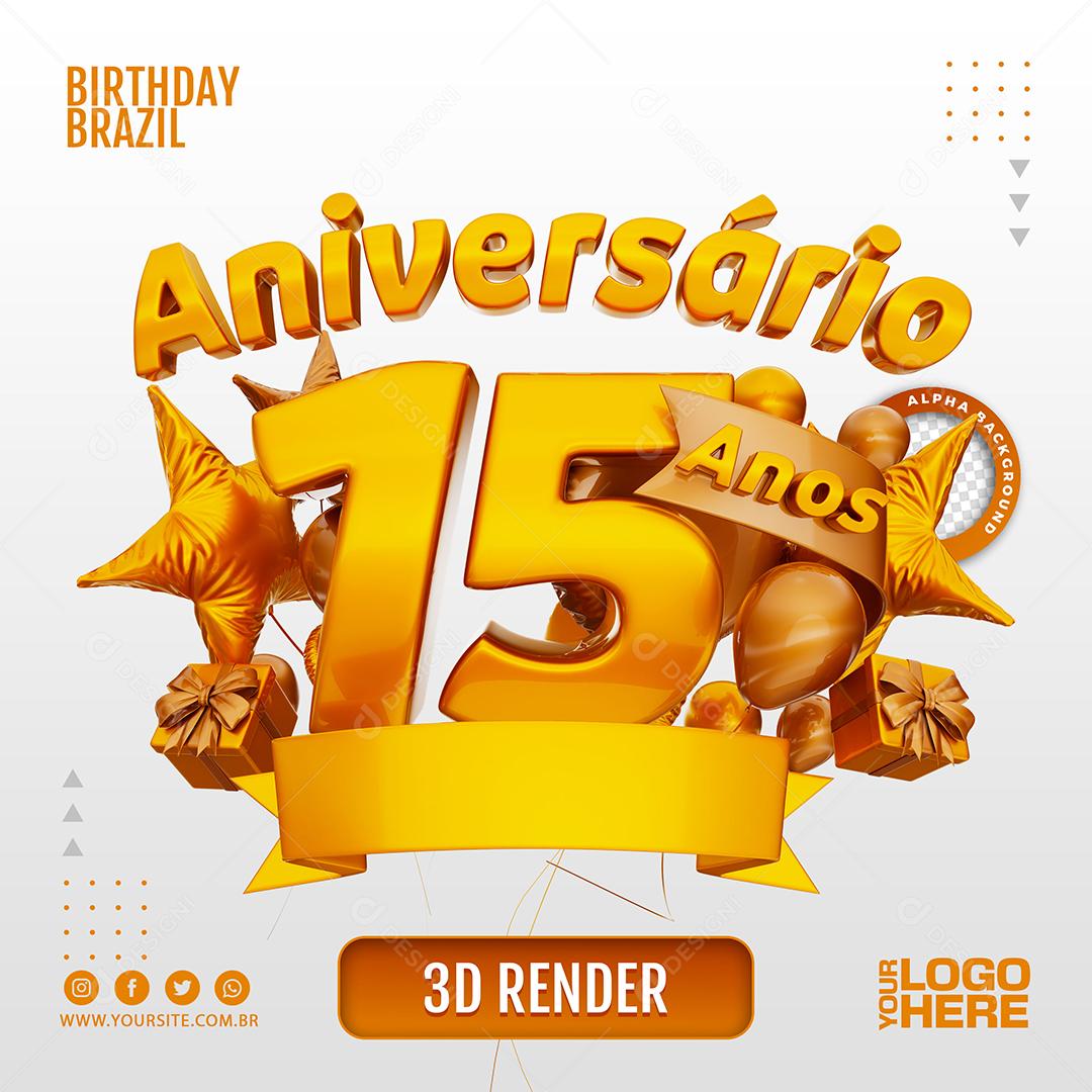 Aniversário 15 Anos Selo 3D Marom Claro para Composição PSD