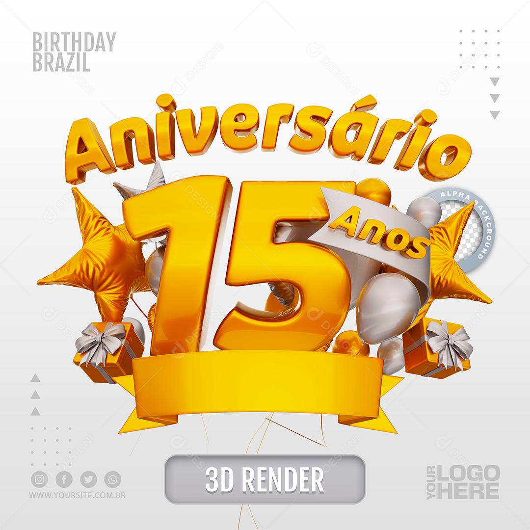 Aniversário 15 Anos Selo 3D Branco para Composição PSD