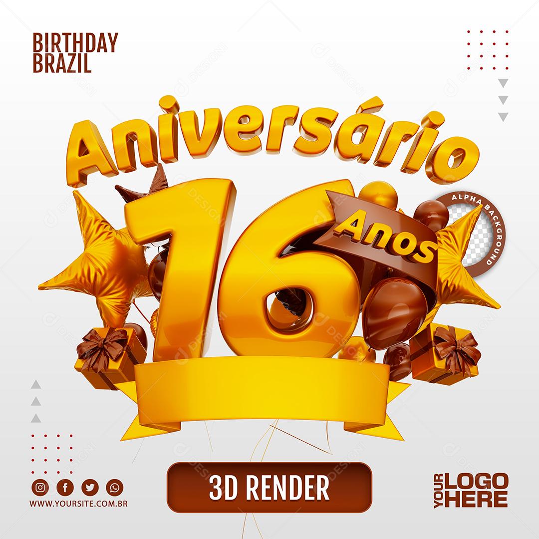 Aniversário 16 Anos Selo 3D Marom Escuro para Composição PSD