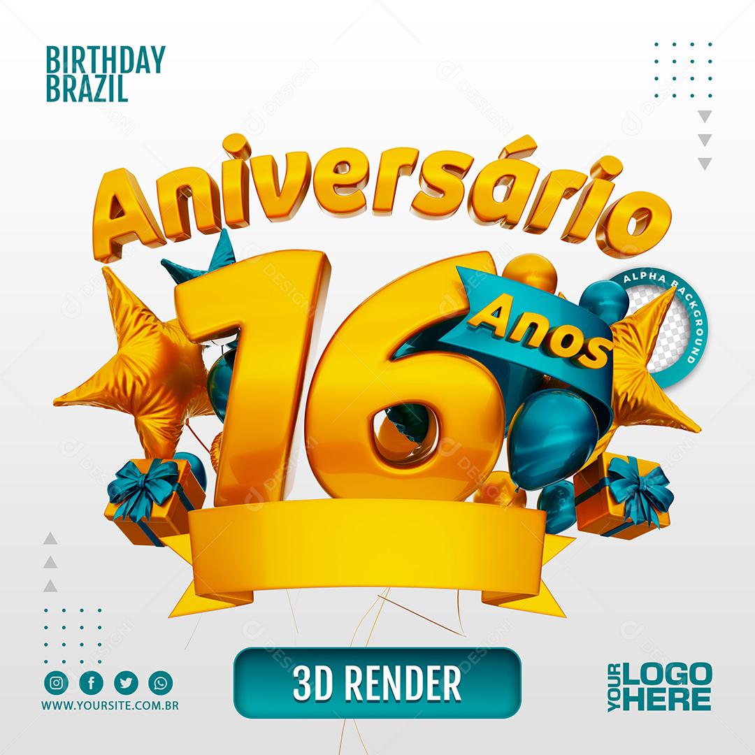 Aniversário 16 Anos Selo 3D Azul para Composição PSD
