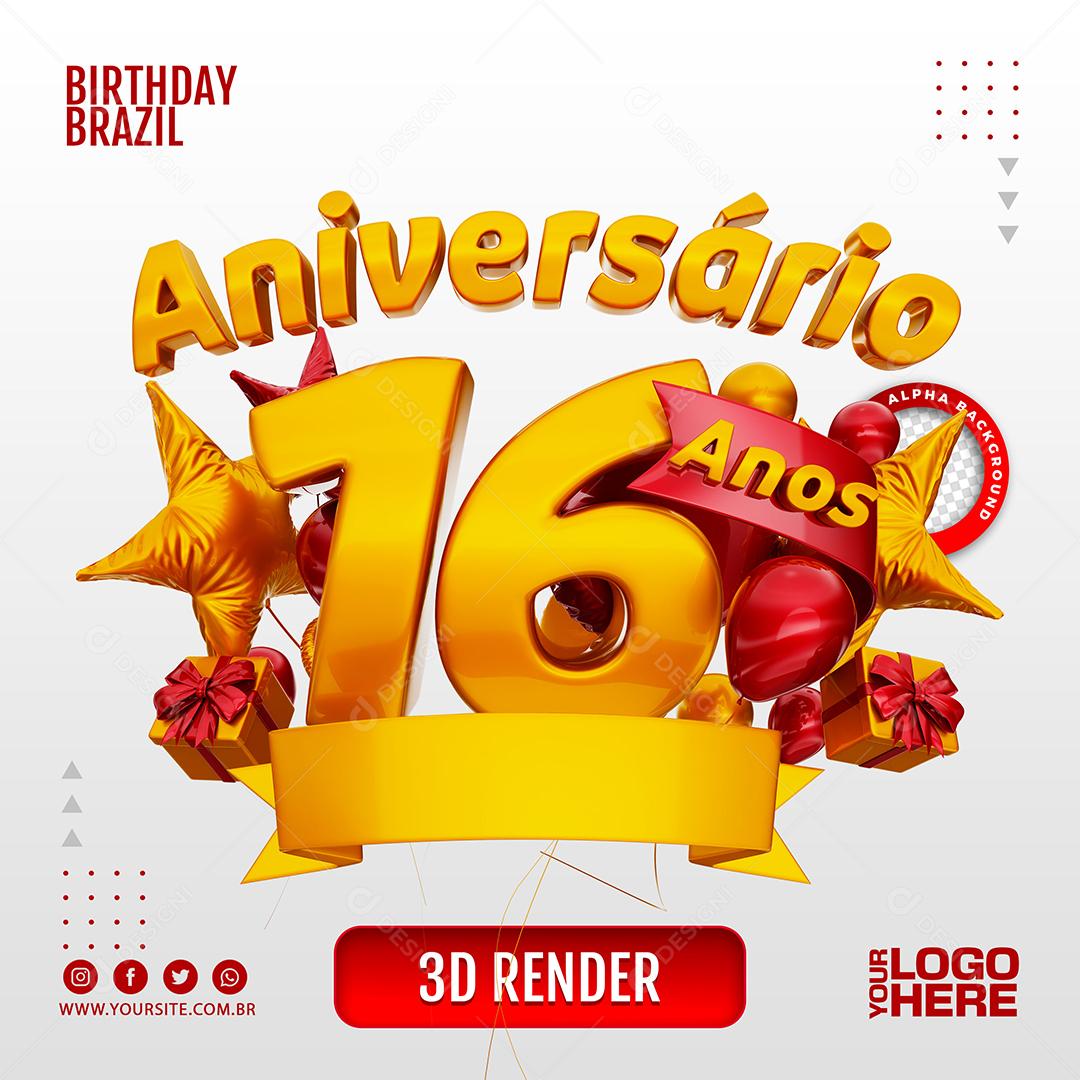 Aniversário 16 Anos Selo 3D Vermelho para Composição PSD