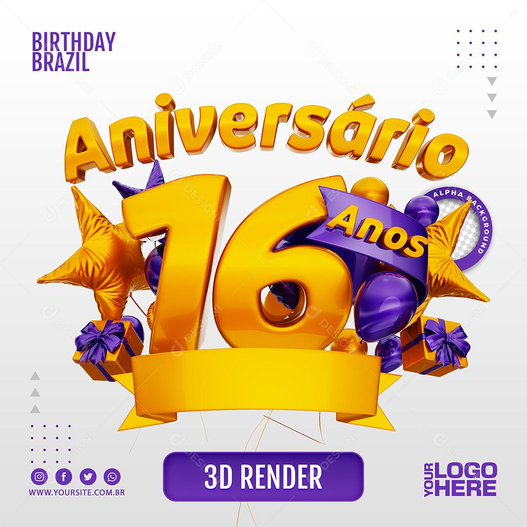 Anniversary 16 Years 3D Purple Stamp for Compositing PSD