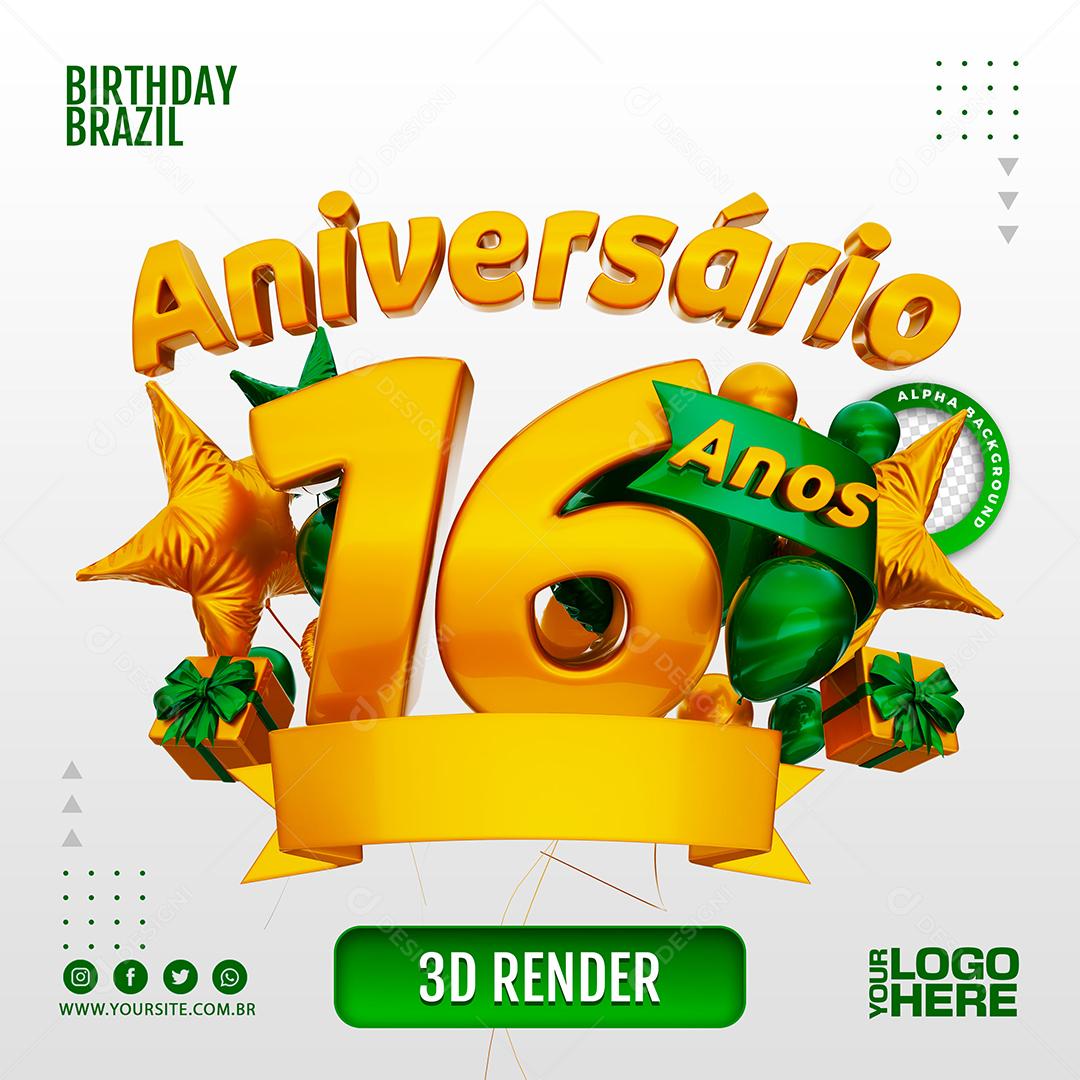 Aniversário 16 Anos Selo 3D Verde para Composição PSD