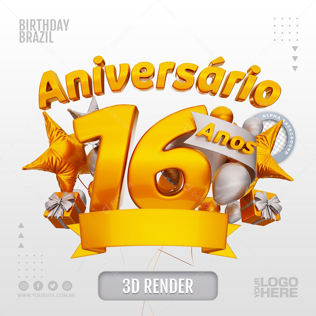 Aniversário 16 Anos Selo 3D Branco para Composição PSD