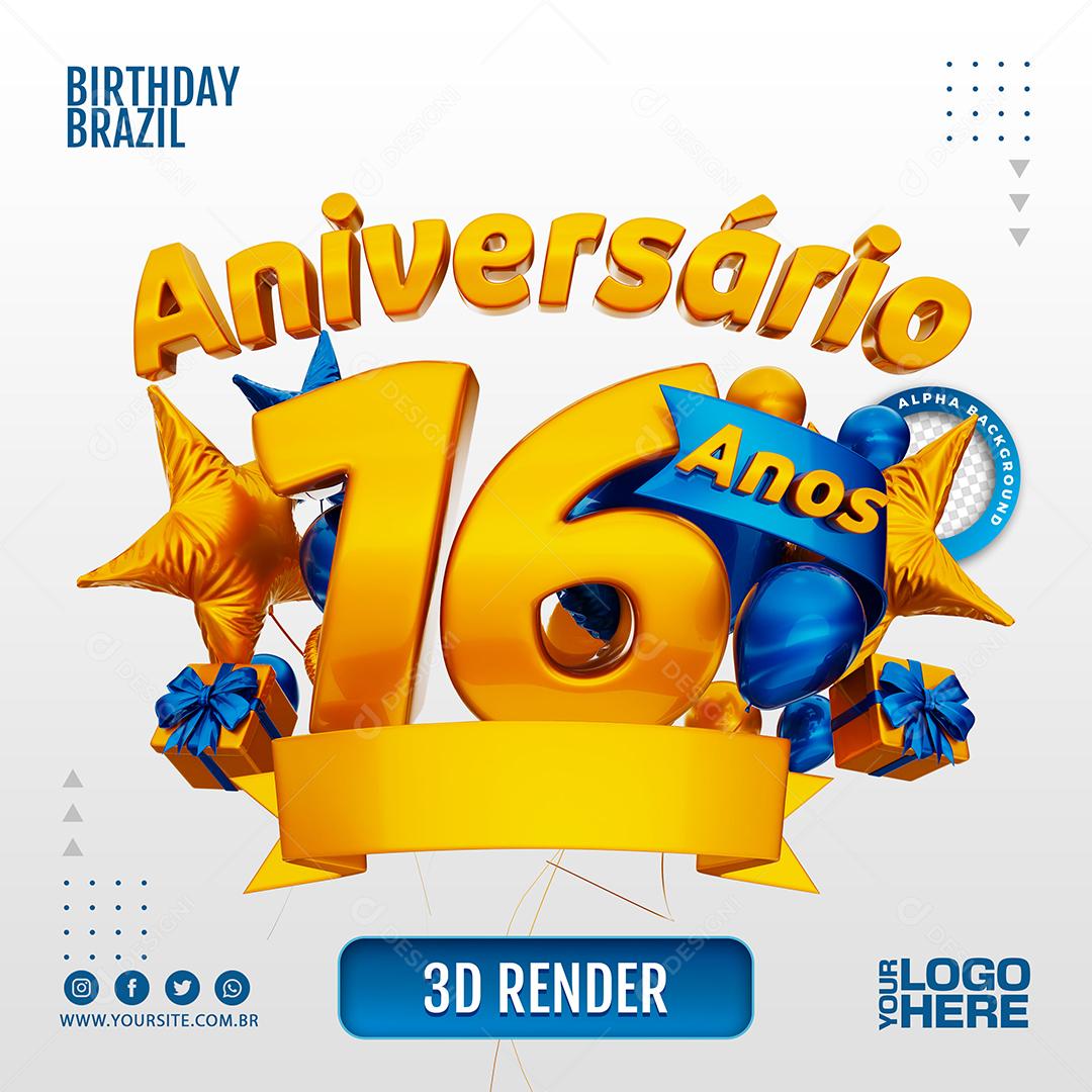 Aniversário 16 Anos Selo 3D Azul Escuro para Composição PSD