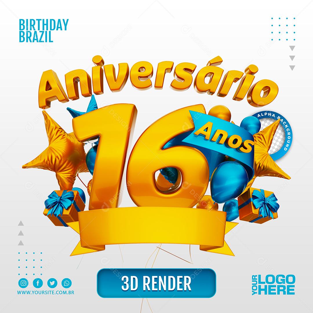 Aniversário 16 Anos Selo 3D Azul Claro para Composição PSD