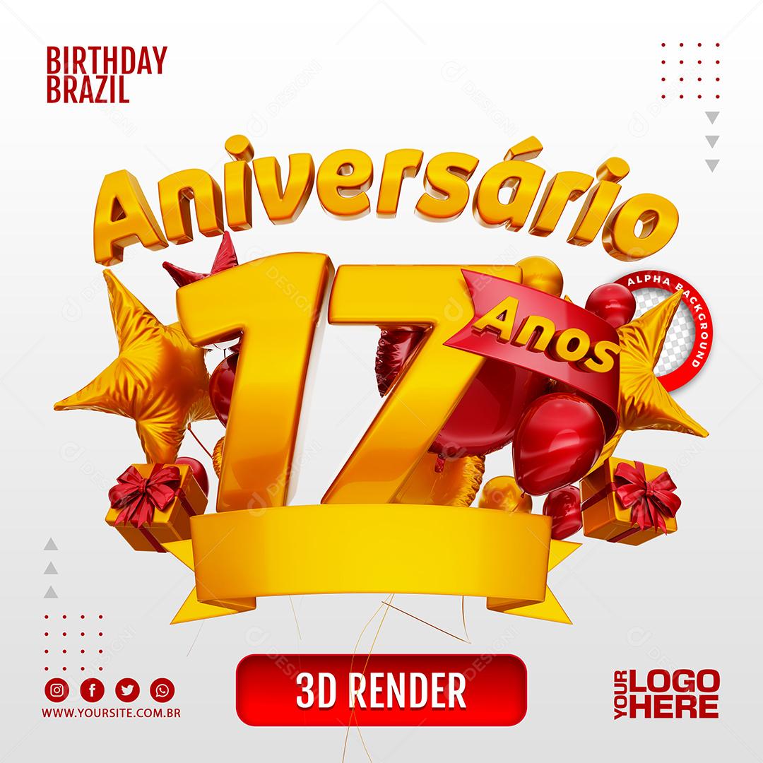 Aniversário 17 Anos Selo 3D Vermelho para Composição PSD