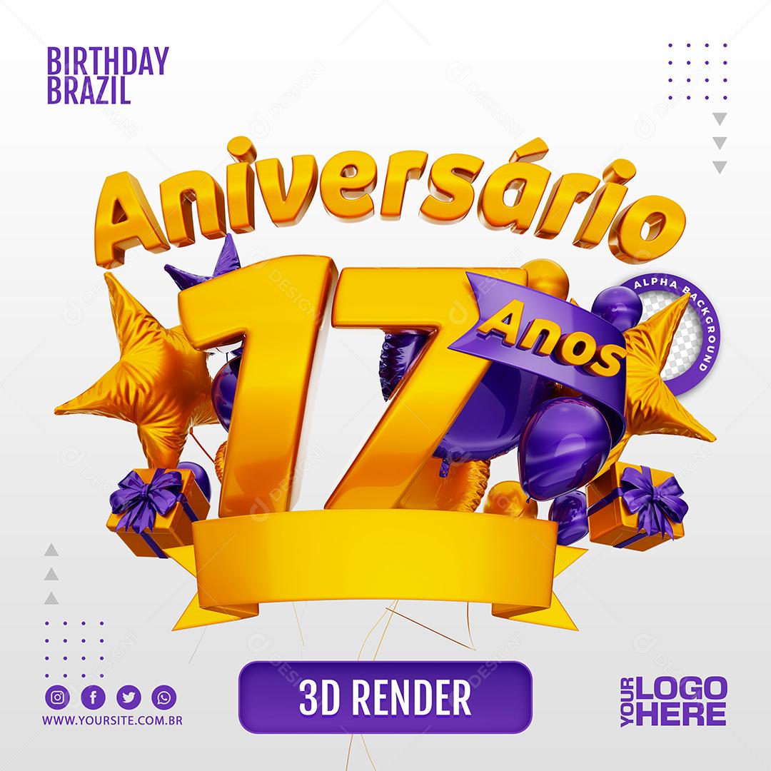 Aniversário 17 Anos Selo 3D Roxo para Composição PSD