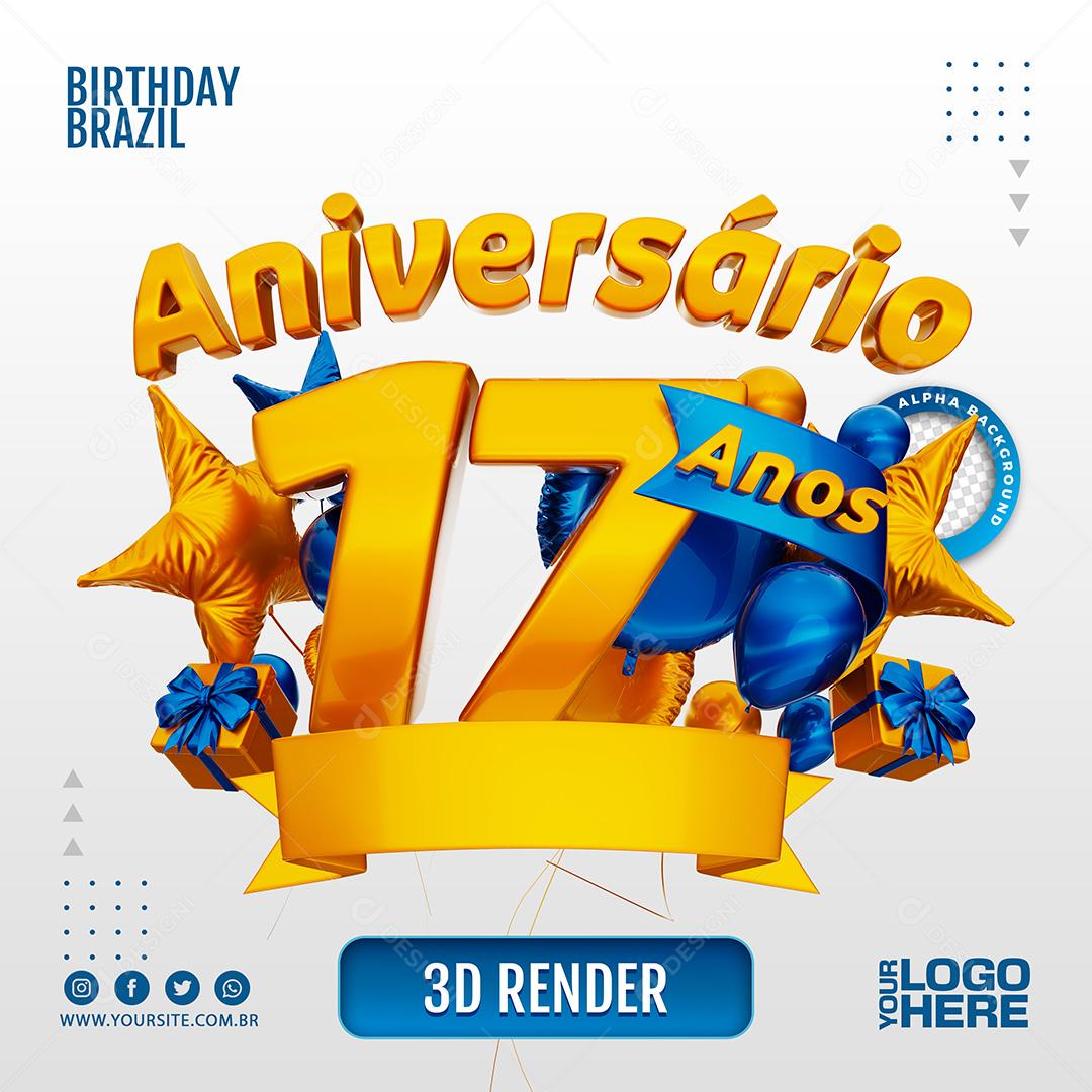 Aniversário 17 Anos Selo 3D Azul Escuro para Composição PSD
