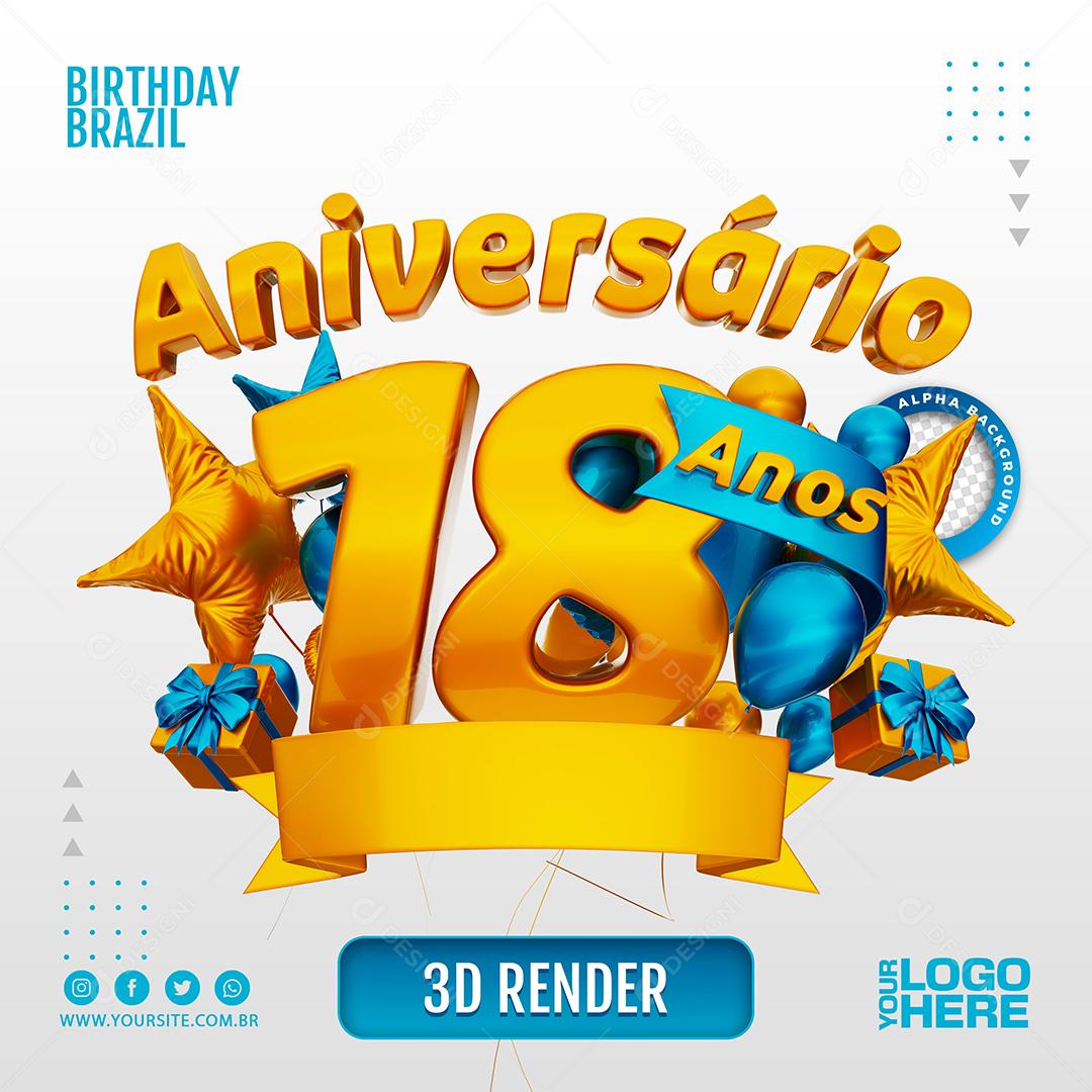 Aniversário 18 Anos Selo 3D Azul Claro para Composição PSD