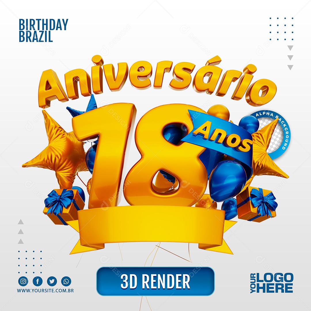 Aniversário 18 Anos Selo 3D Azul Escuro para Composição PSD