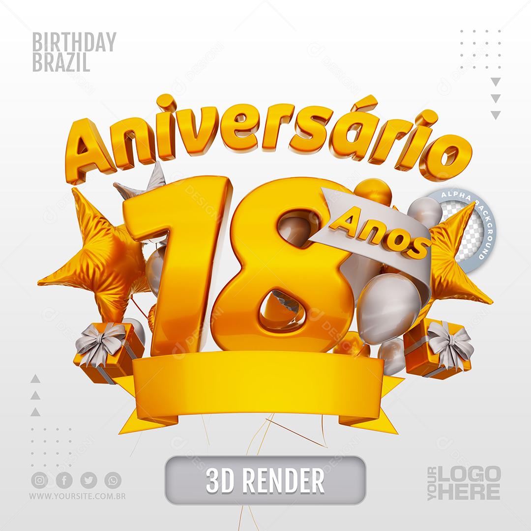 Aniversário 18 Anos Selo 3D Branco para Composição PSD