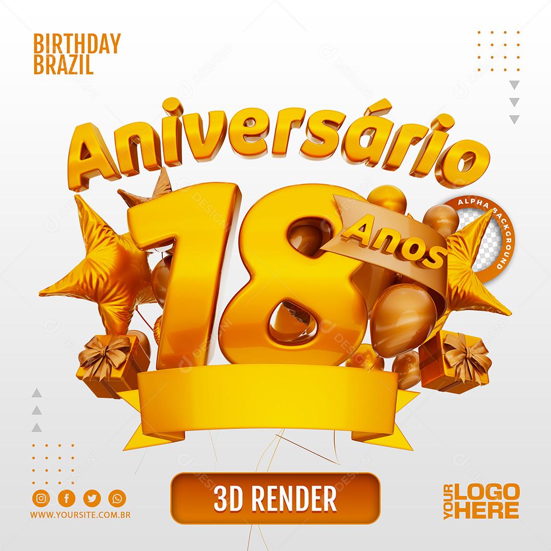 Aniversário 18 Anos Selo 3D Marom Claro para Composição PSD