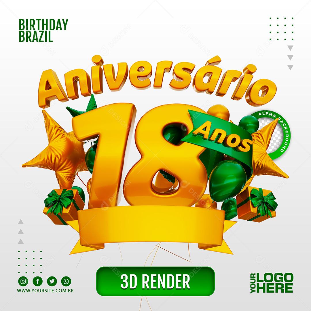 Aniversário 18 Anos Selo 3D Verde para Composição PSD