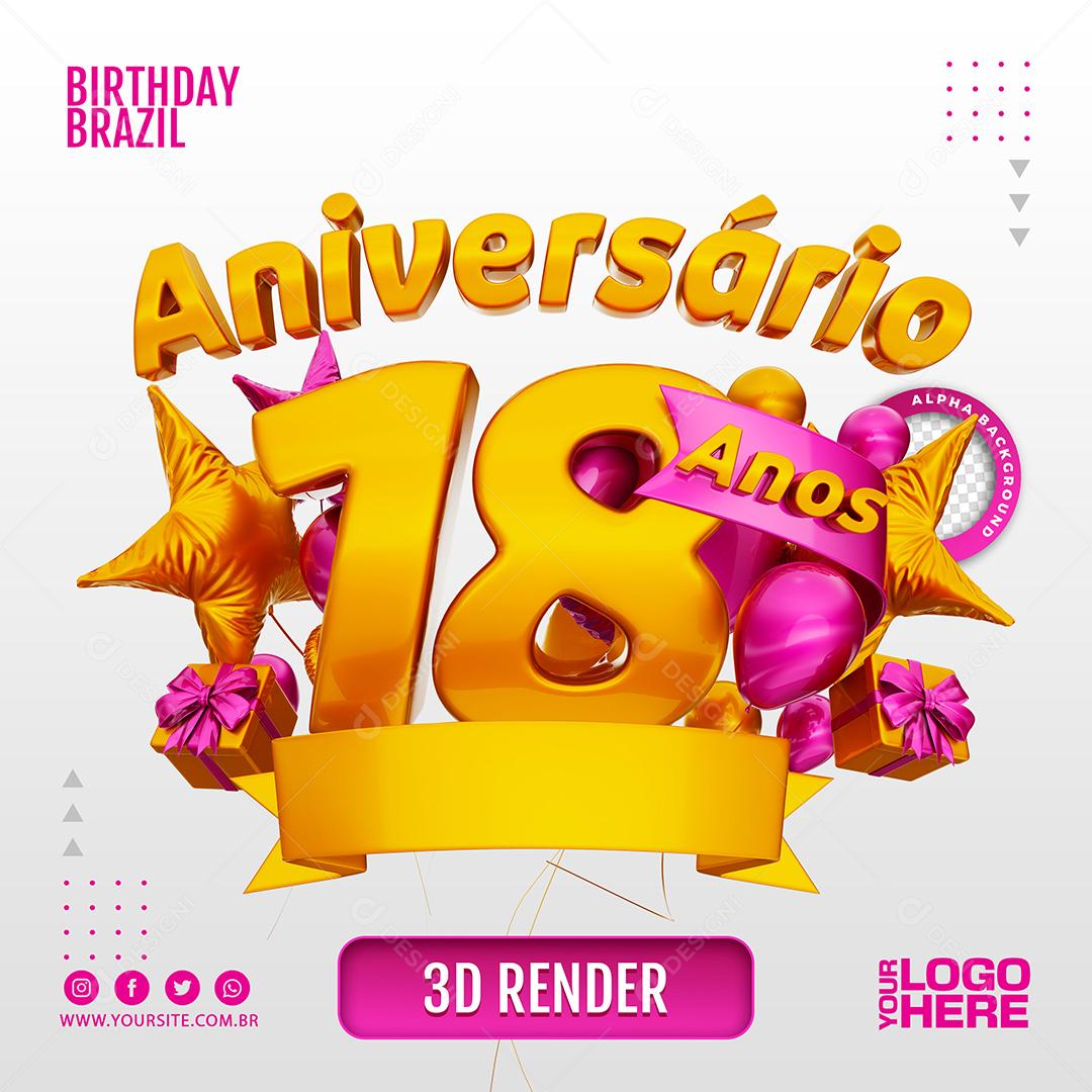 Aniversário 18 Anos Selo 3D Rosa para Composição PSD