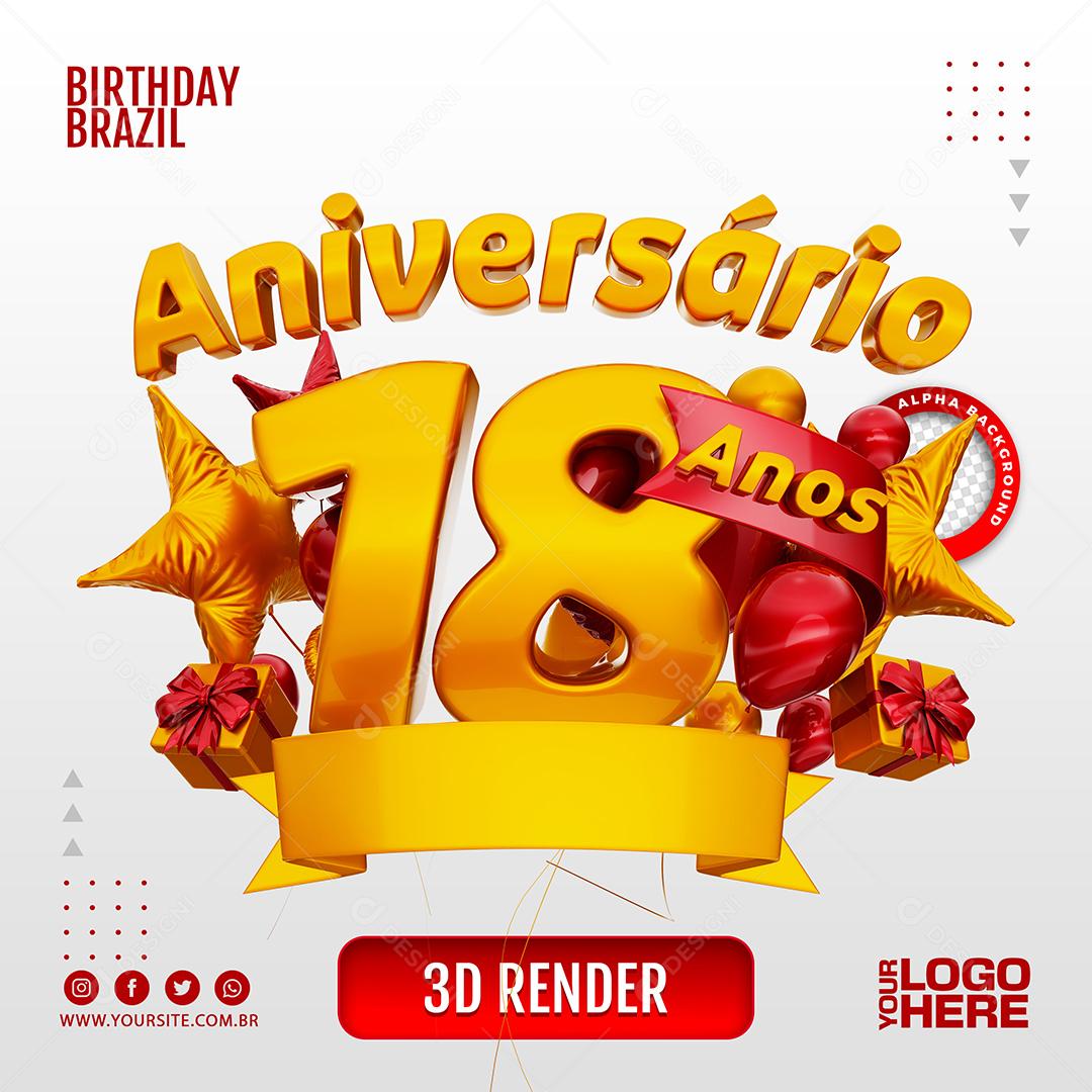 Aniversário 18 Anos Selo 3D Vermelho para Composição PSD