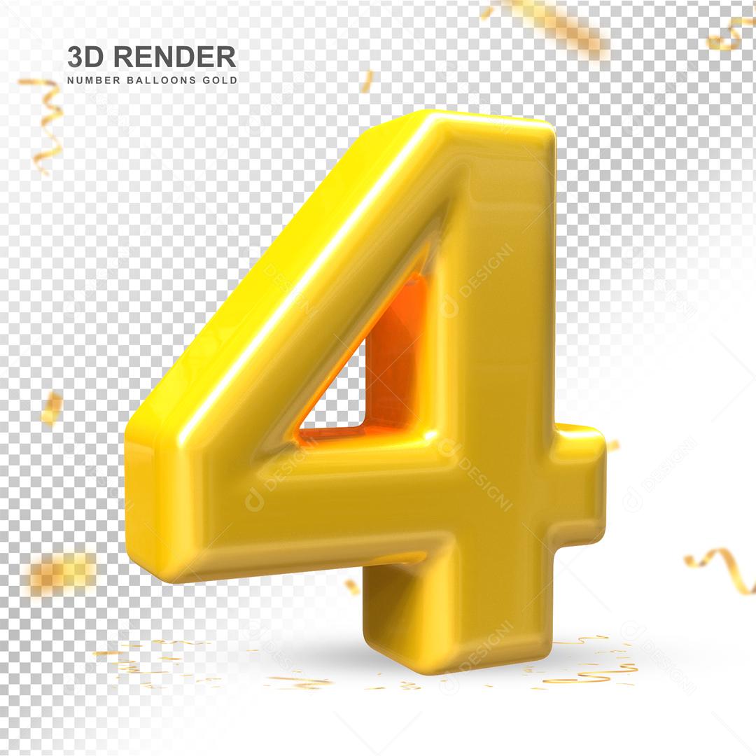 Número 3D 4 Dourado Para composição PSD