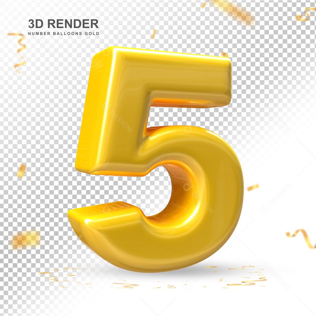 Número 3D 5 Dourado Para composição PSD