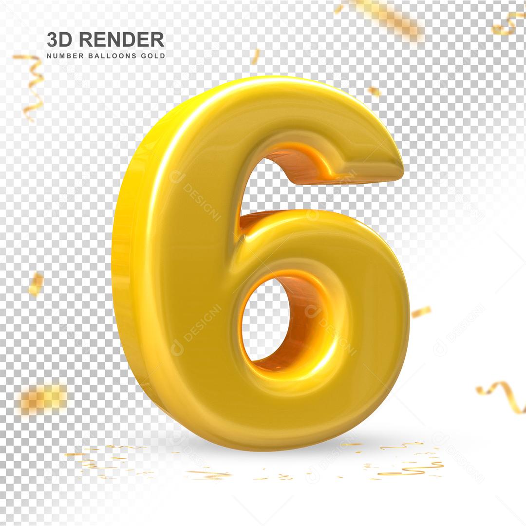 Número 3D 6 Dourado Para composição PSD