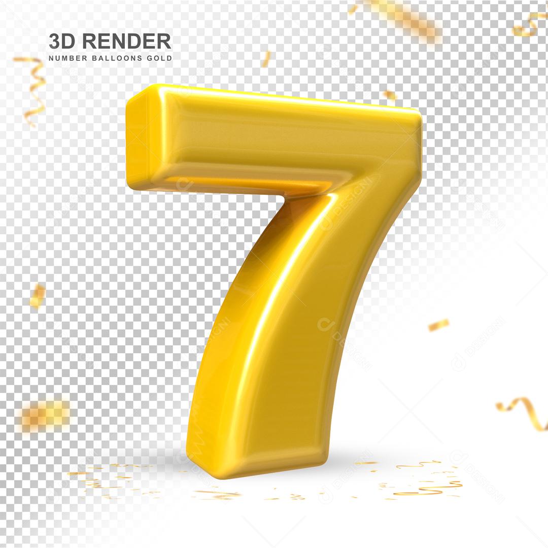 Número 3D 7 Dourado Para composição PSD