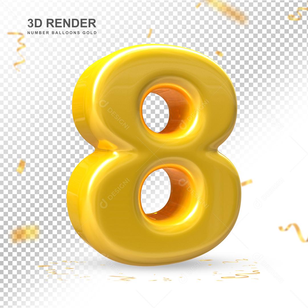 Número 3D 8 Dourado Para composição PSD