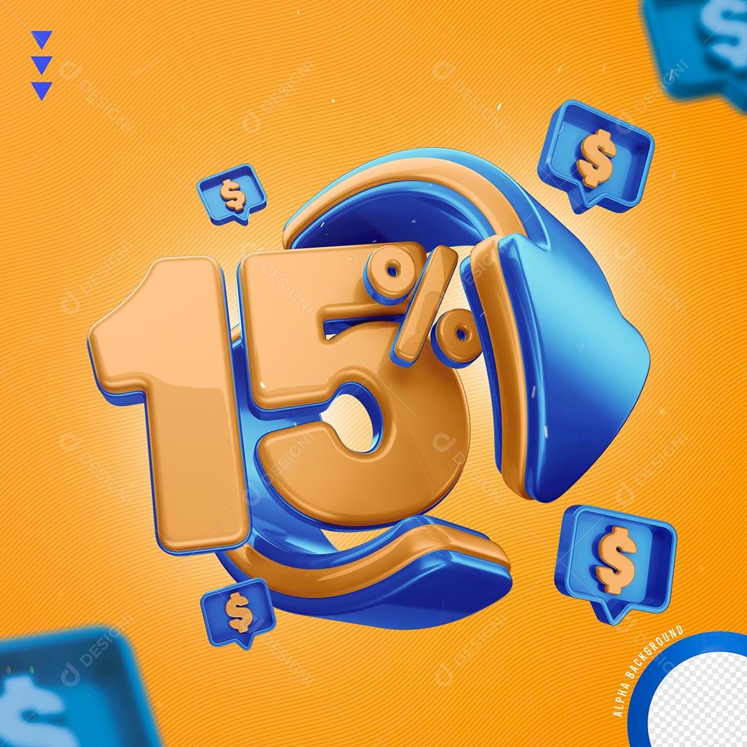Elemento 3D 15% Por Cento Laranjado e Azul para Composição PNG Transparente Sem Fundo