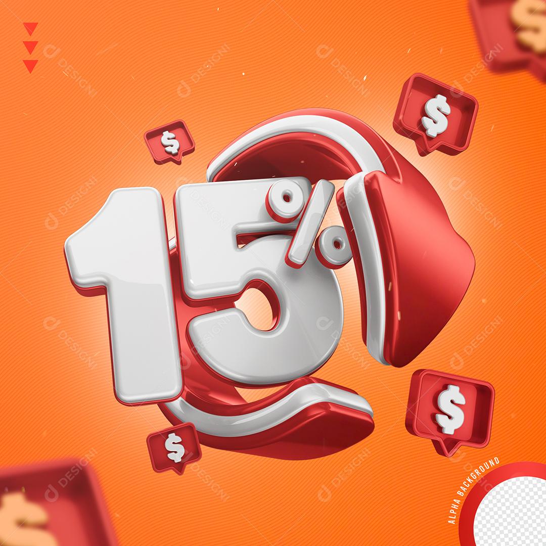 Elemento 3D 15% Por Cento Branco e Vermelho para Composição PNG Transparente Sem Fundo