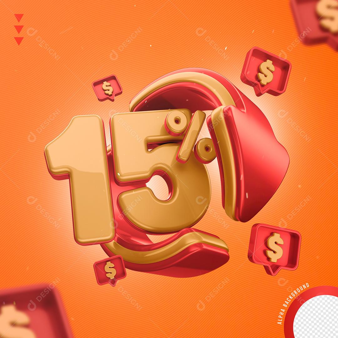 Elemento 3D 15% Por Cento Laranjado e Vermelho para Composição PNG Transparente Sem Fundo