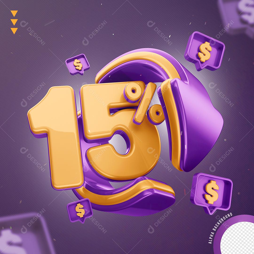 Elemento 3D 15% Por Cento Laranjado e Roxo para Composição PNG Transparente Sem Fundo