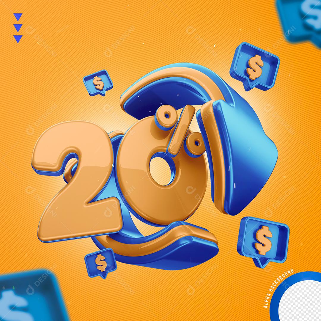 Elemento 3D 20% Por Cento Laranjado e Azul para Composição PNG Transparente Sem Fundo