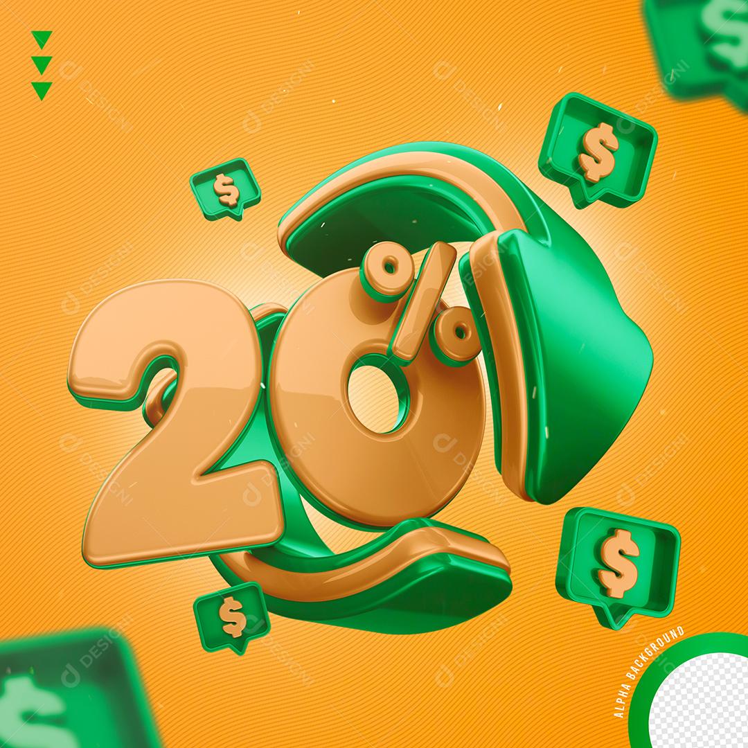 Elemento 3D 20% Por Cento Laranjado e Verde para Composição PNG Transparente Sem Fundo